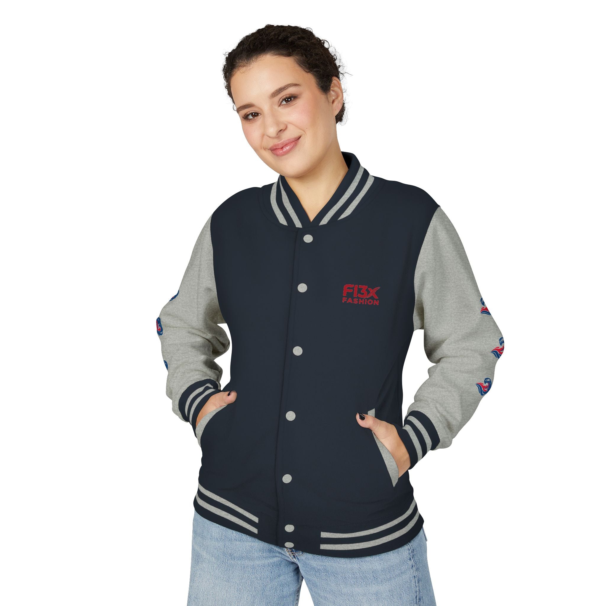 Letterman Jacket — Red Wave Graphic Varsity Jacket with 'F13X Fashion' Logo