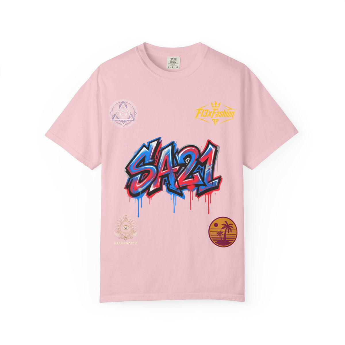 SA21 Graffiti T-Shirt — Urban Streetwear Tee with Drip Art & Tropical Patch