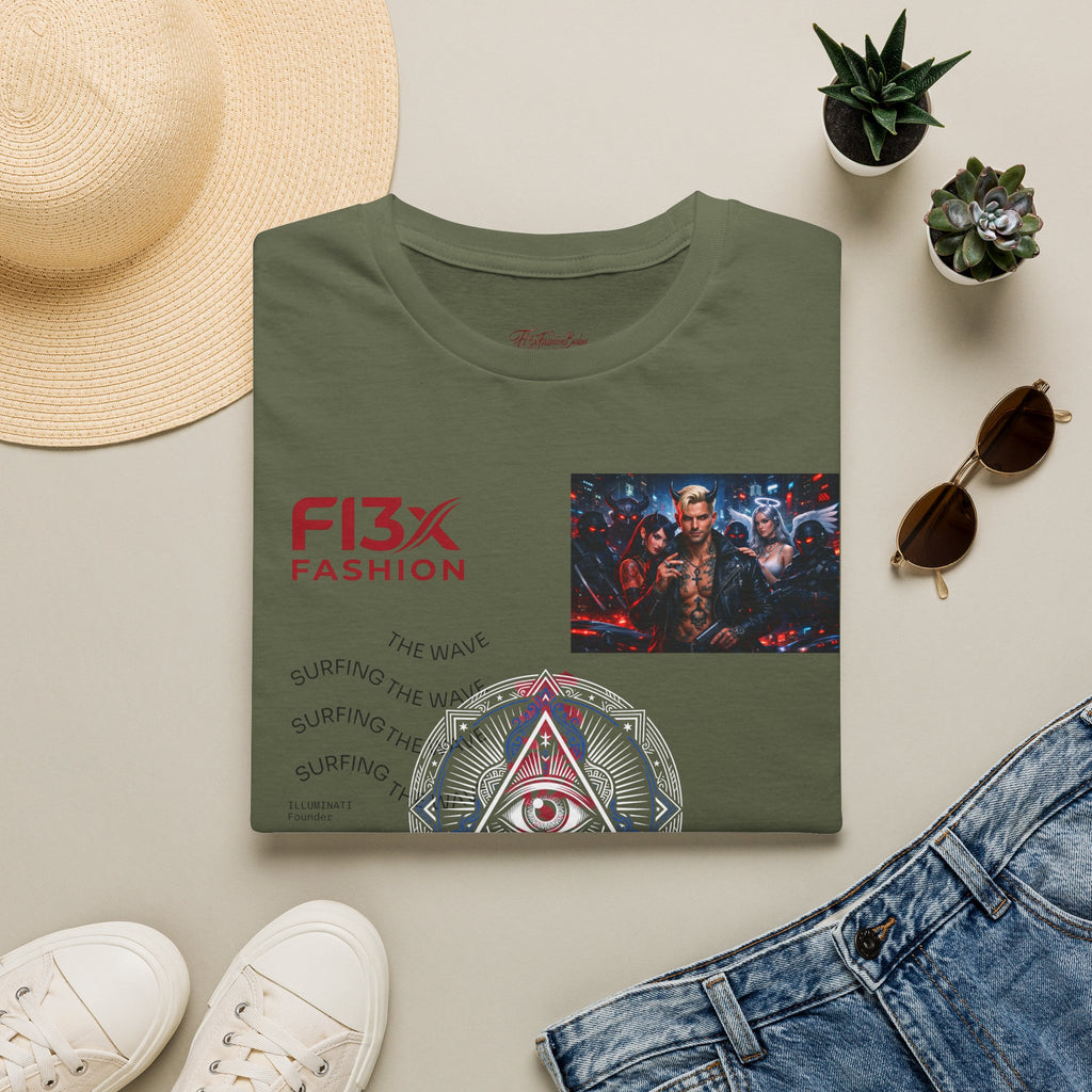 Graphic T-Shirt — F13X Fashion Collage Tee (Surfing Wave & Retro Crew)