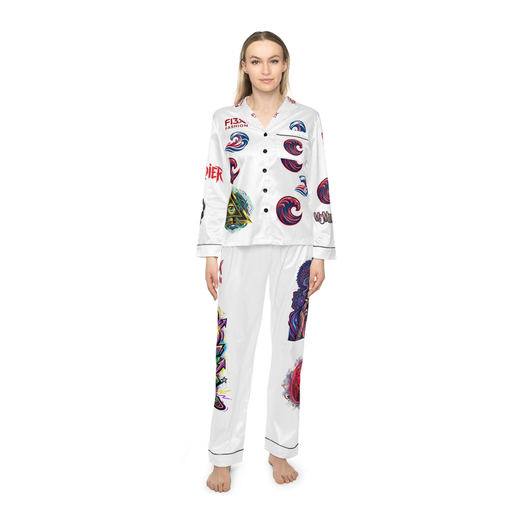 Graphic Satin Pajama Set — White All‑Over Print Loungewear
