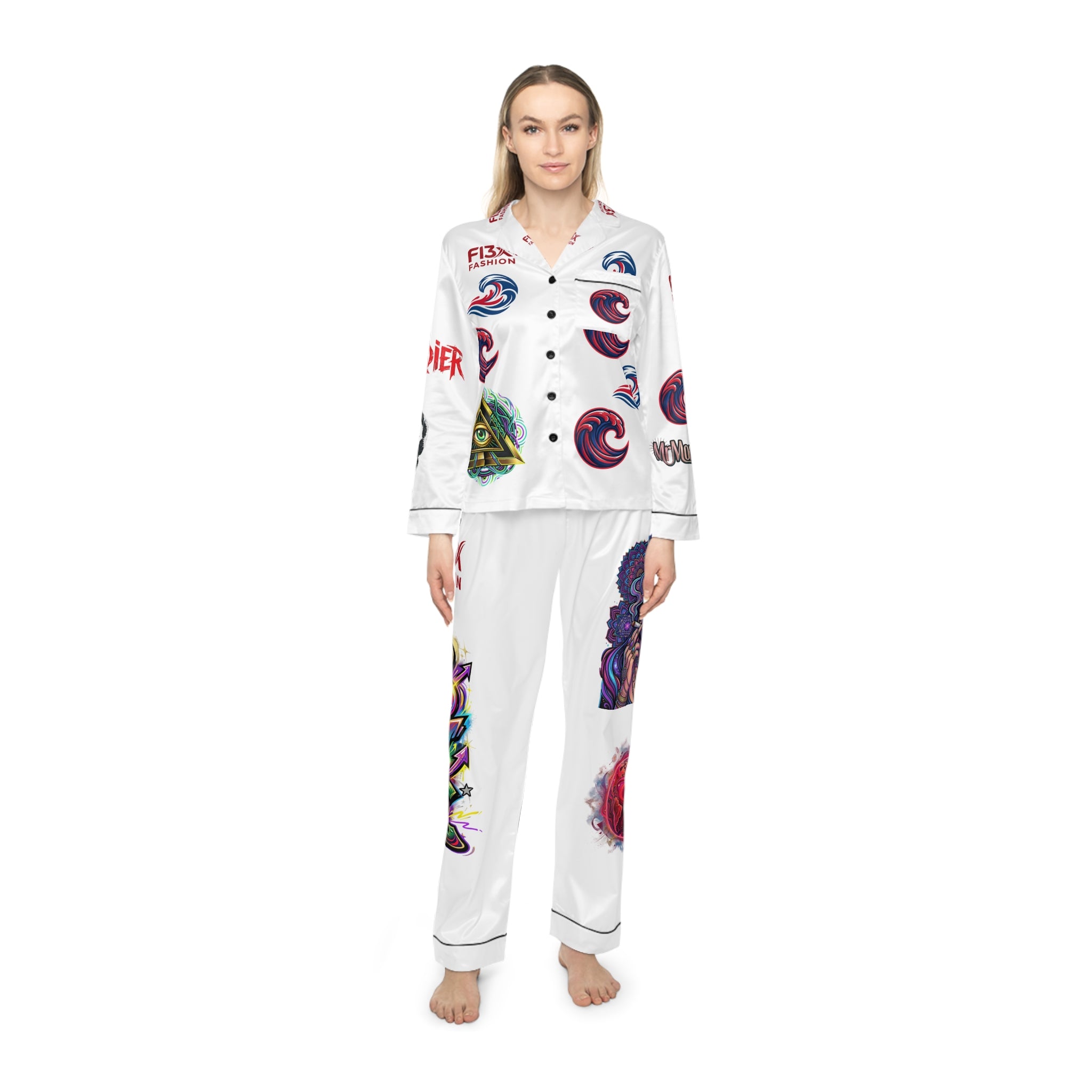 Graphic Satin Pajama Set — White All‑Over Print Loungewear