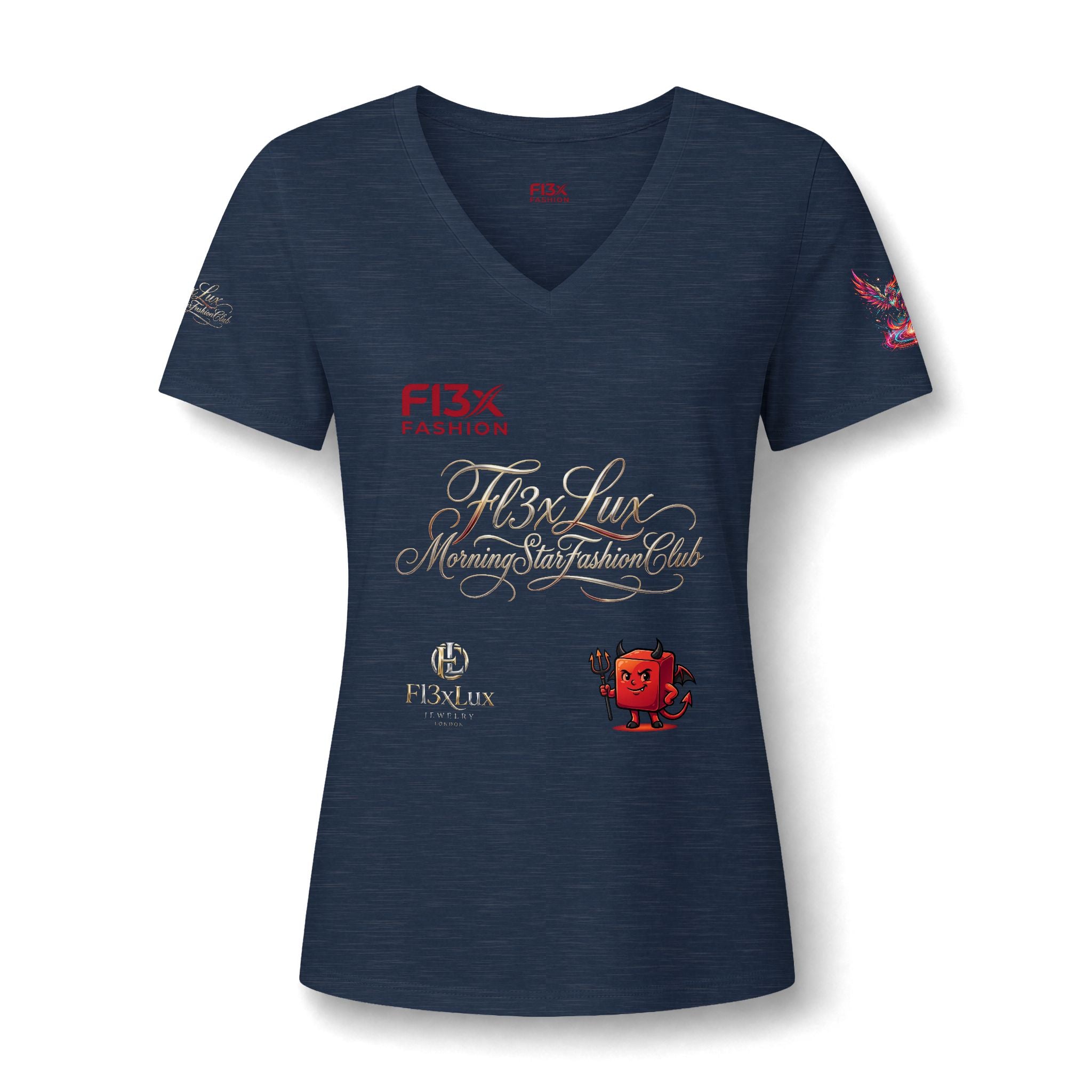 Women's V-Neck Tee — 'F13x Fashion' Floral Logo & Devil Graphic