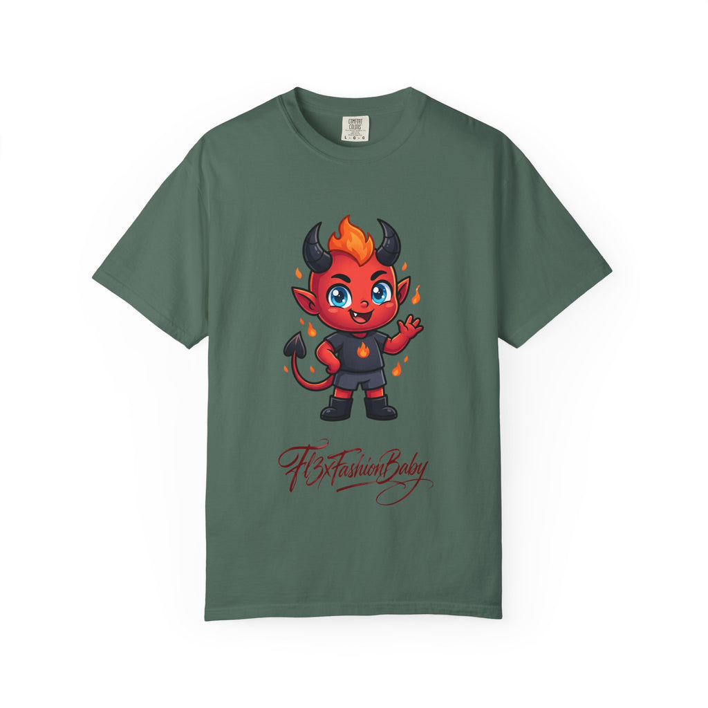 Devil Baby Graphic T-Shirt — Cute Red Demon Cartoon Tee with "FBfashionBaby" Script