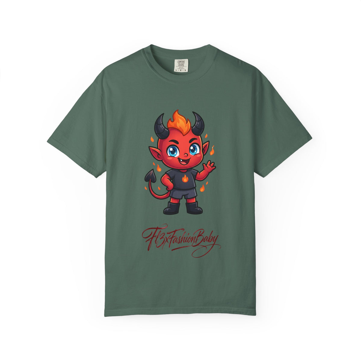 Devil Baby Graphic T-Shirt — Cute Red Demon Cartoon Tee with "FBfashionBaby" Script