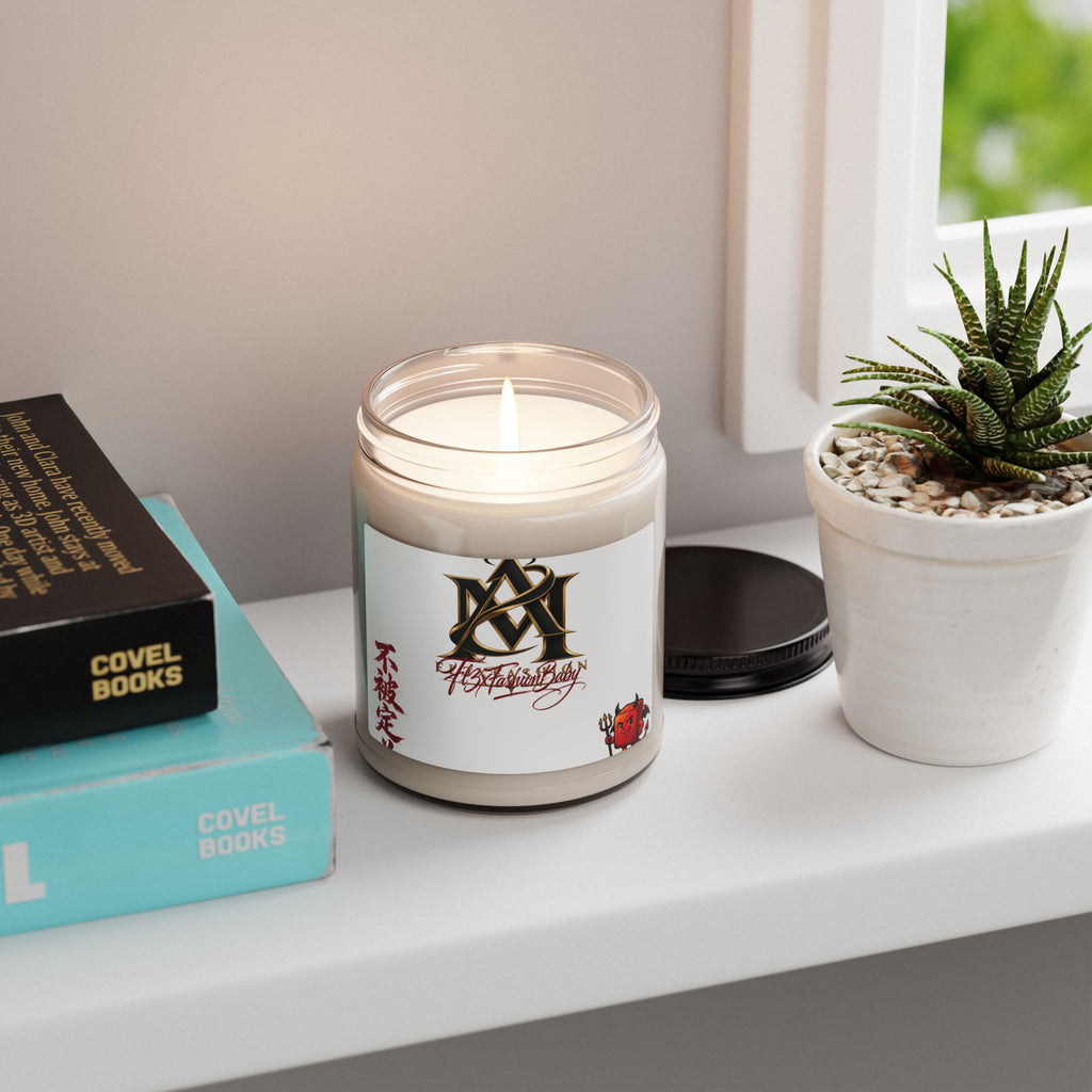 Scented Soy Candle — 9oz Aromatherapy Jar with Asian Calligraphy & Red Daruma Design