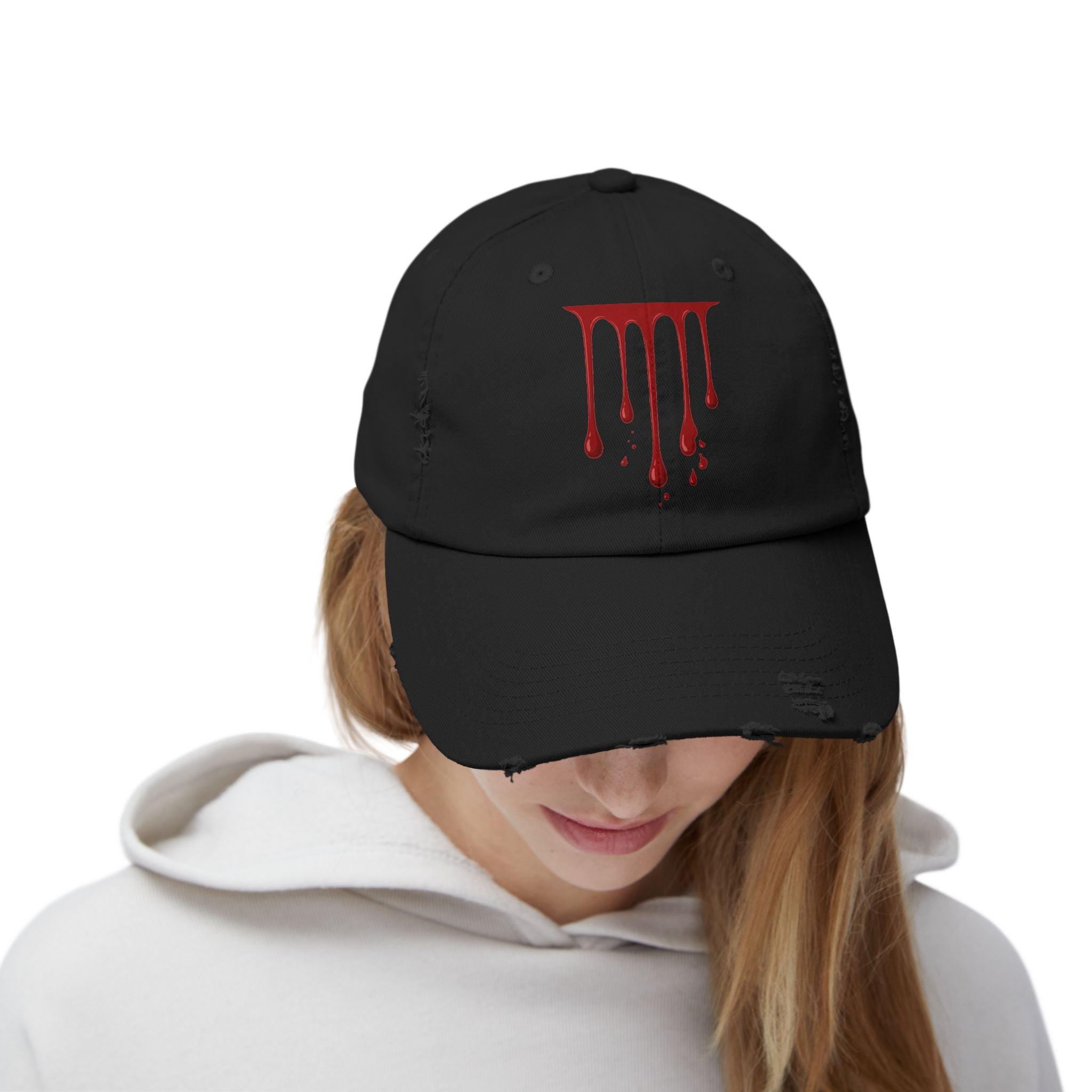 Distressed Black Cap with Red Drip Graphic – Gothic Blood Drip Hat