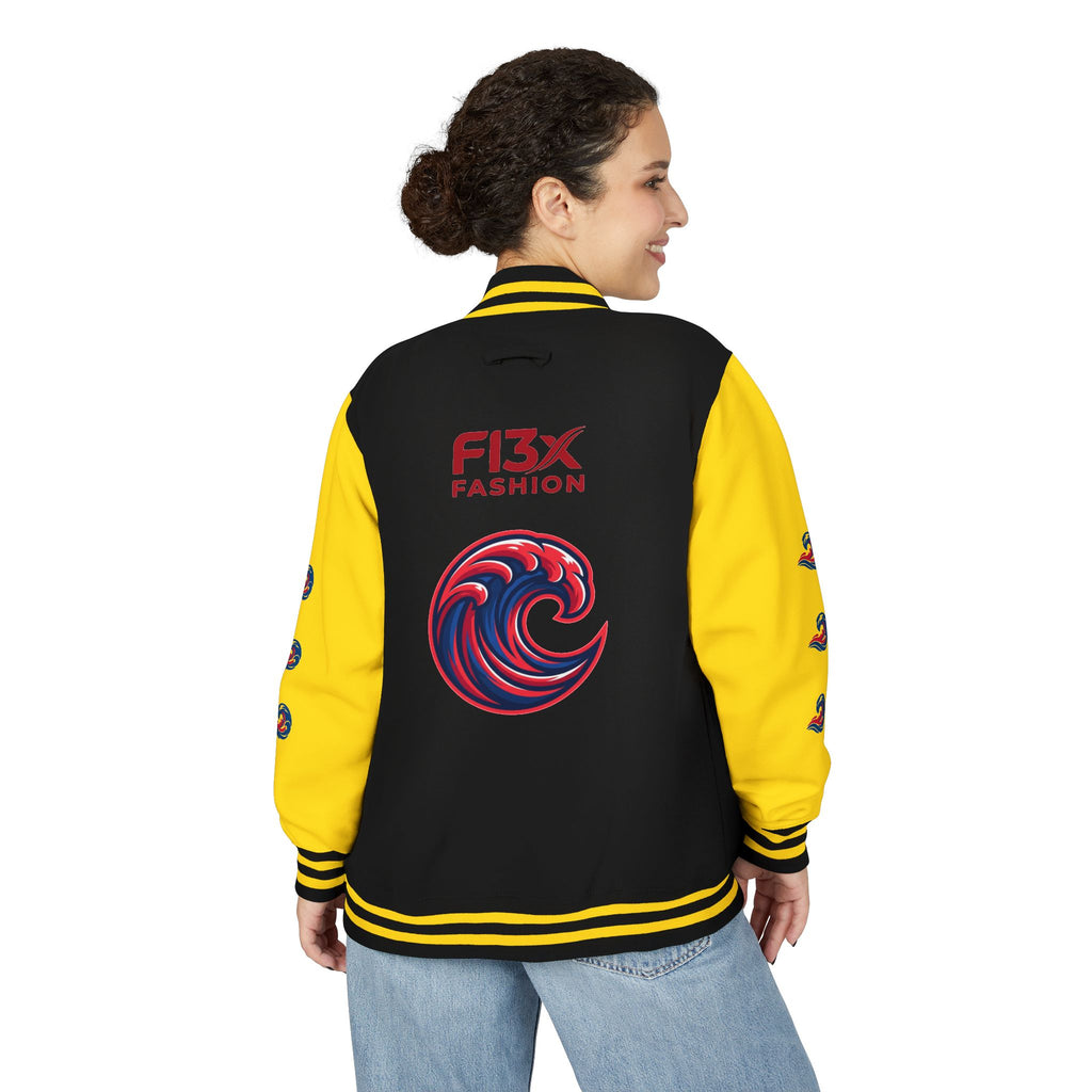 Letterman Jacket — Red Wave Graphic Varsity Jacket with 'F13X Fashion' Logo