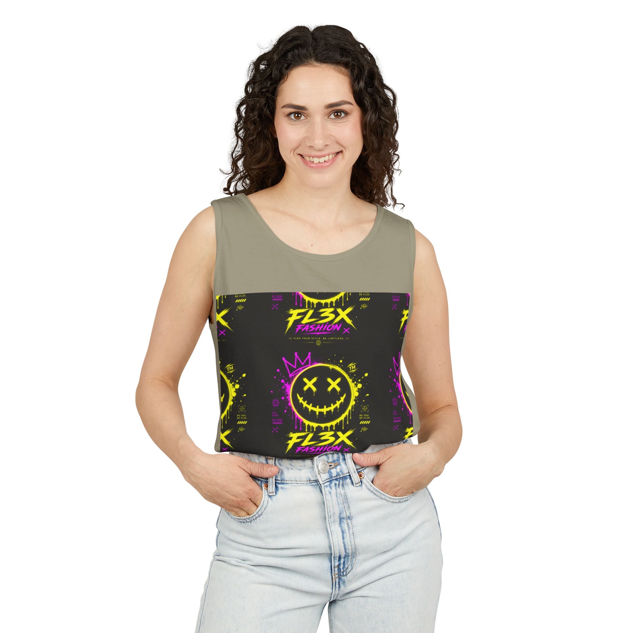 FL3X Fashion Graphic Tank Top — Neon Smiley & Devil Logo Streetwear