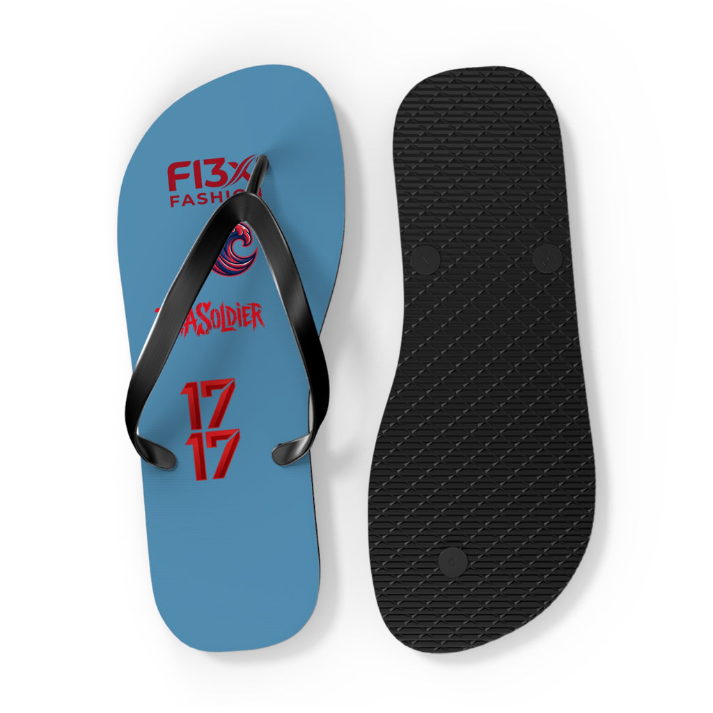 Blue Graphic Flip Flops – Surf Wave Design with '17 17' and Bold Logos