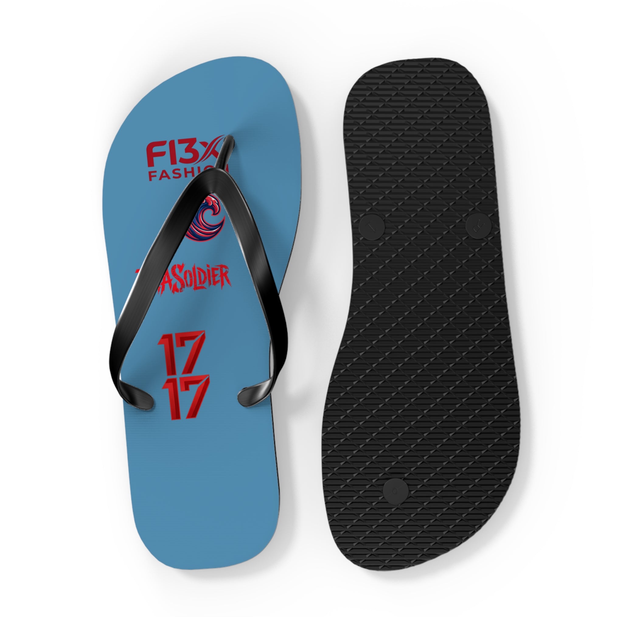 Blue Graphic Flip Flops – Surf Wave Design with '17 17' and Bold Logos