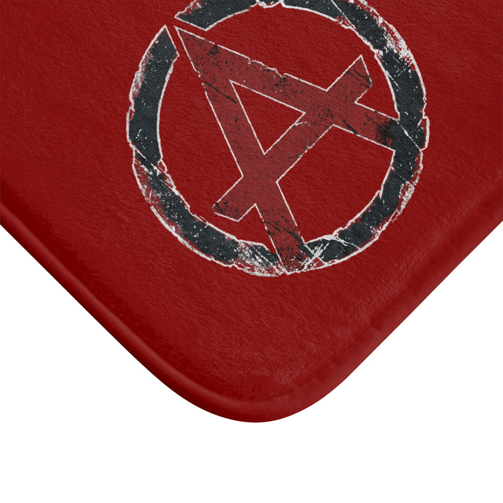 Red Graphic Sticker-Style Bath Mat — Anarchy, FreshUp & Psychedelic Emblems