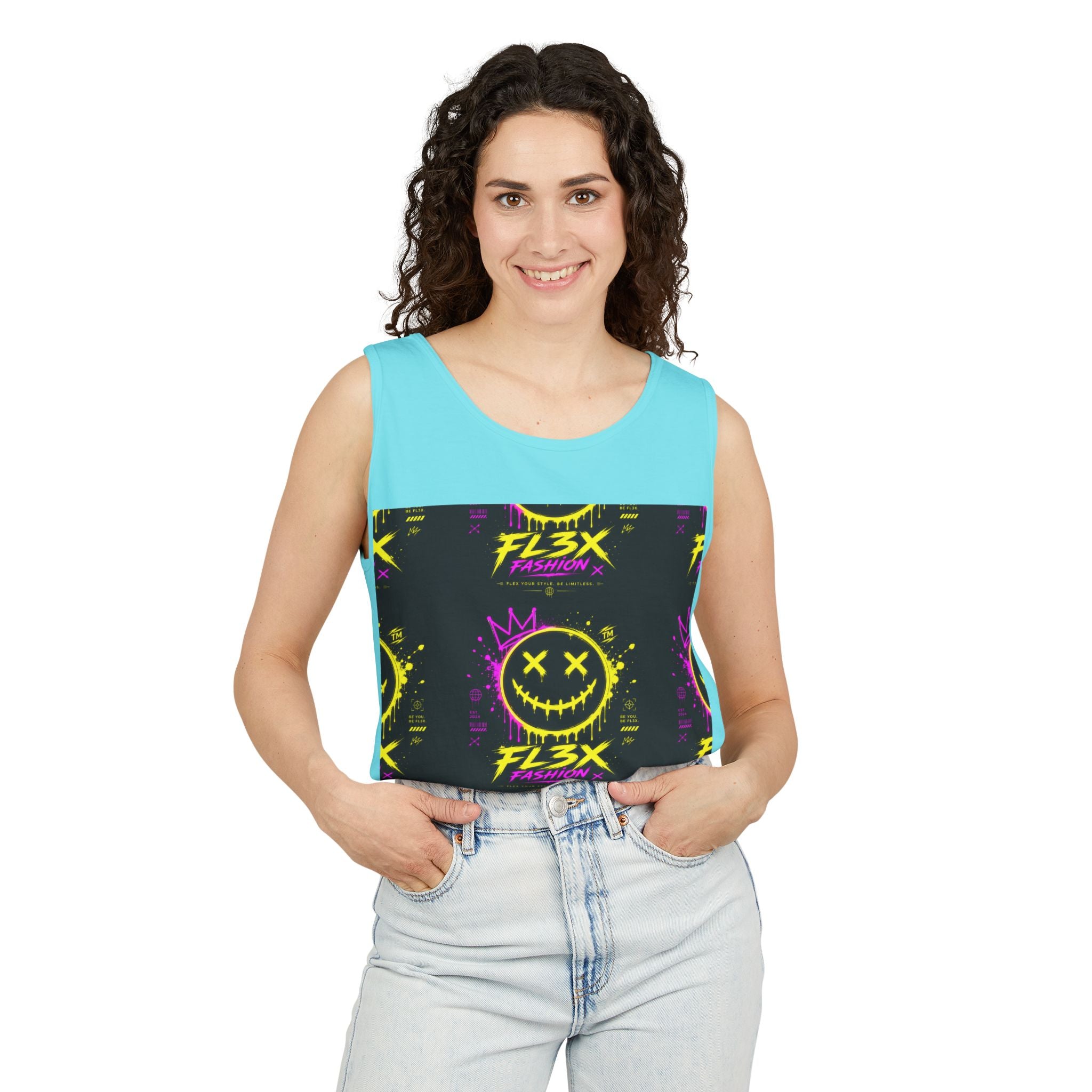 FL3X Fashion Graphic Tank Top — Neon Smiley & Devil Logo Streetwear