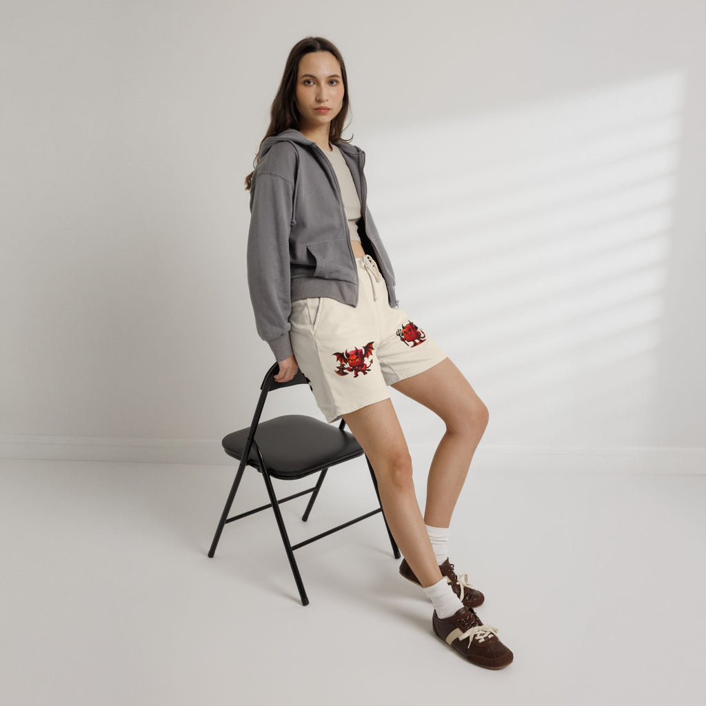 Devil Doodle Fleece Sweat Shorts — Cute Red Demon Graphic Lounge Shorts