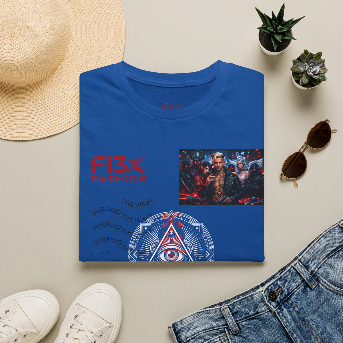 Graphic T-Shirt — F13X Fashion Collage Tee (Surfing Wave & Retro Crew)