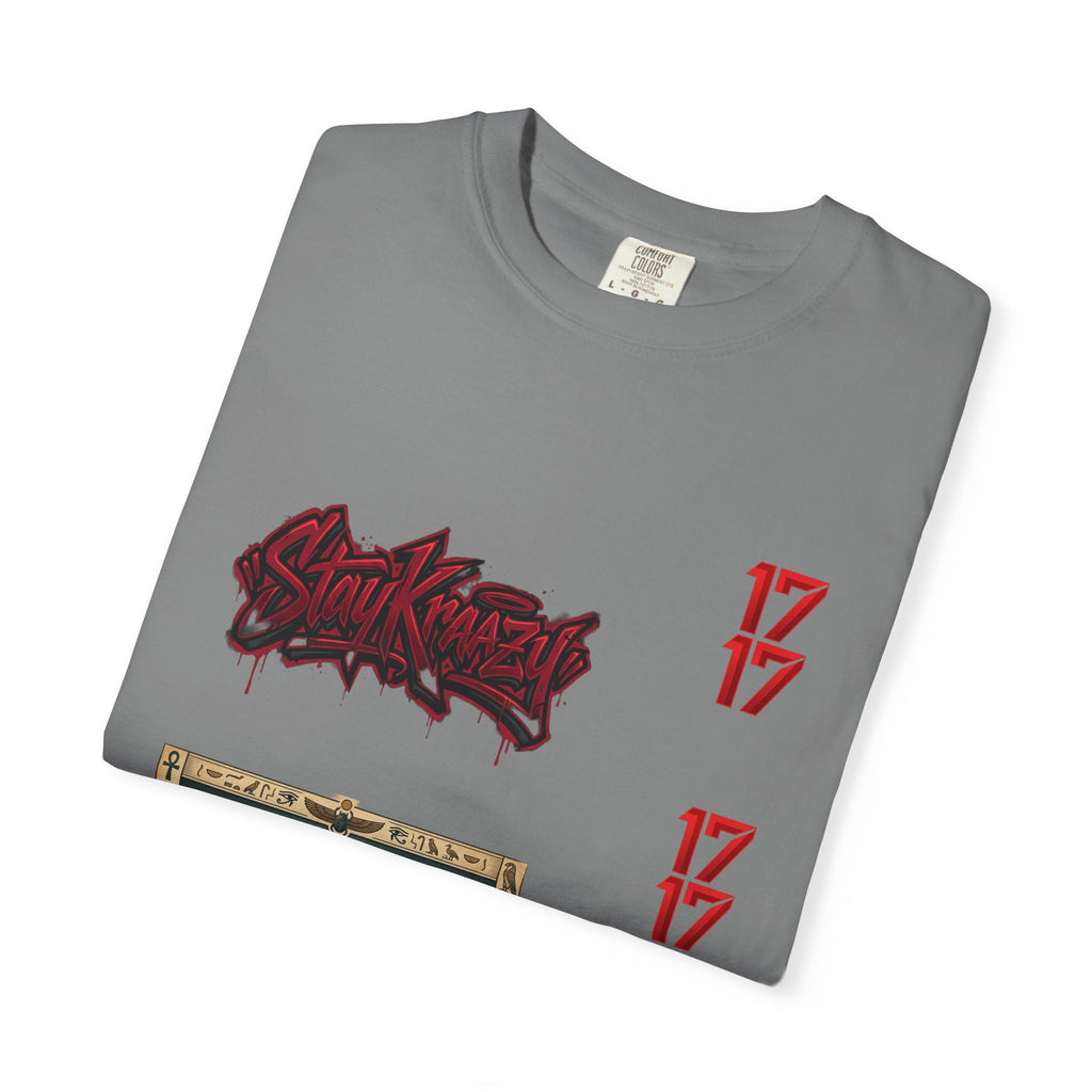 Graphic T-Shirt — Vintage Pyramid Collage with 'Wanted' Drip Design
