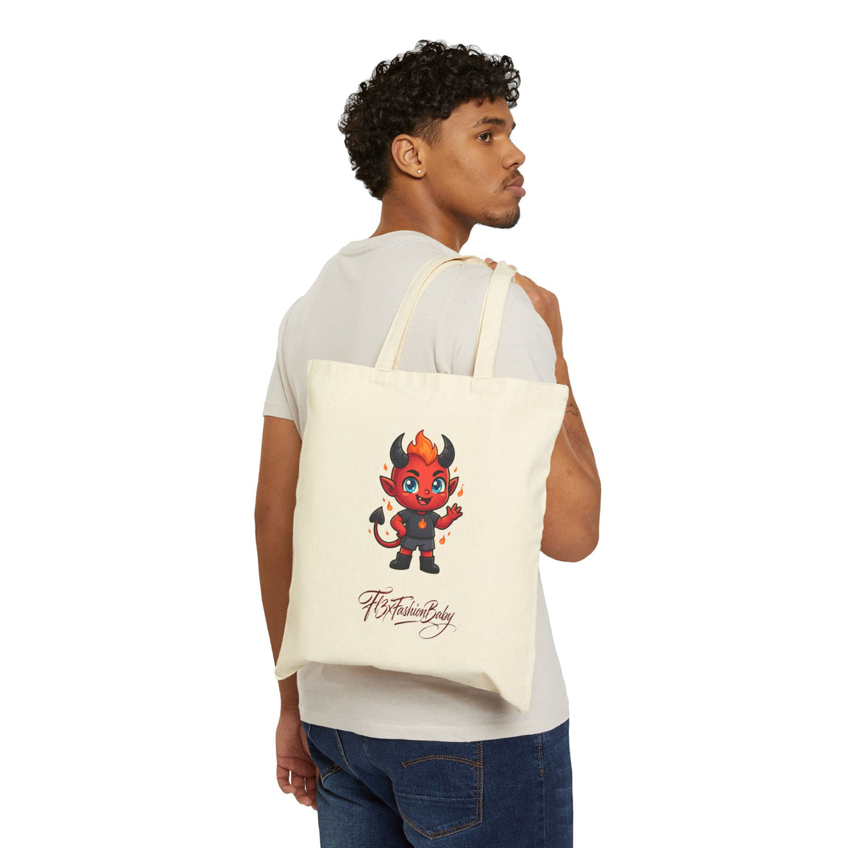 Cute Devil Character Canvas Tote Bag – “Lil Devil” Graphic Cotton Shopper