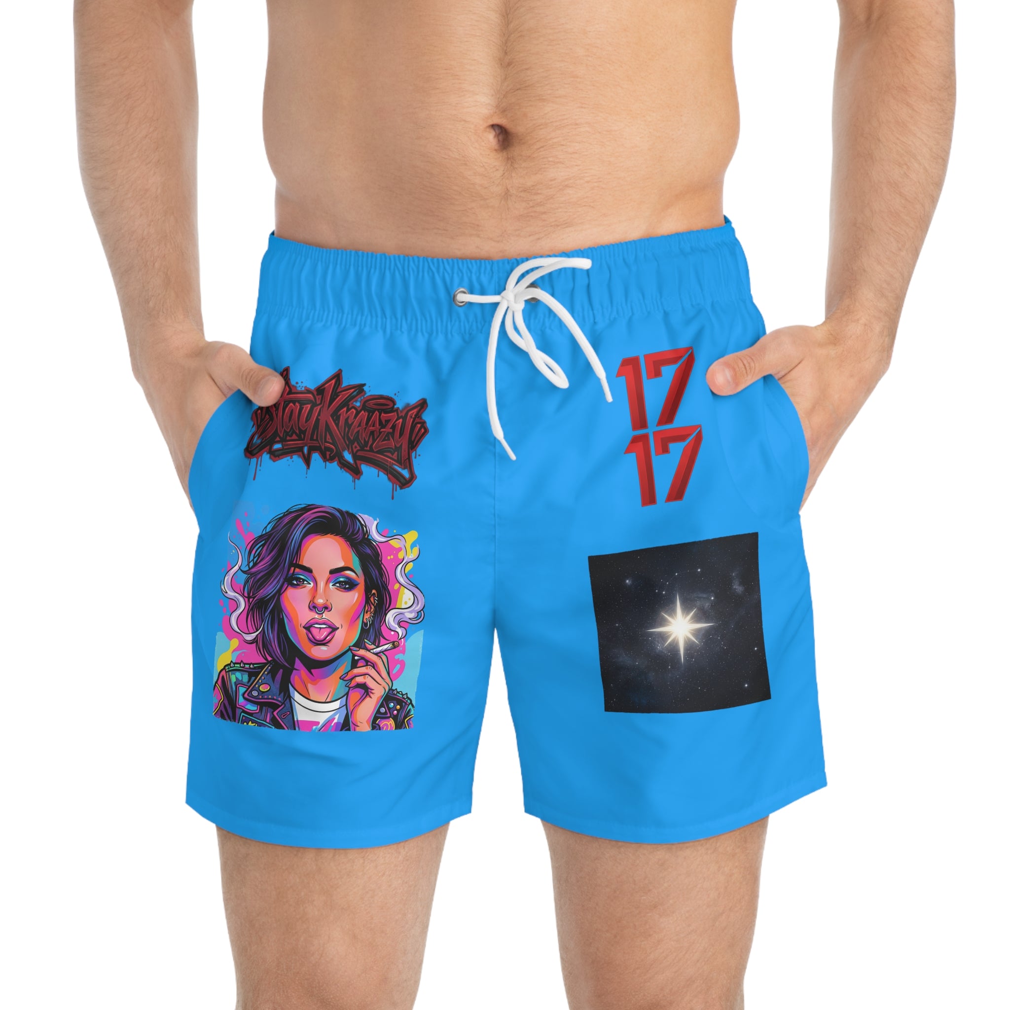Blue Graphic Swim Trunks — Retro Pop Art Woman, '17' & Star Patch