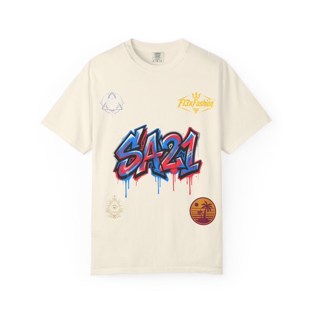 SA21 Graffiti T-Shirt — Urban Streetwear Tee with Drip Art & Tropical Patch