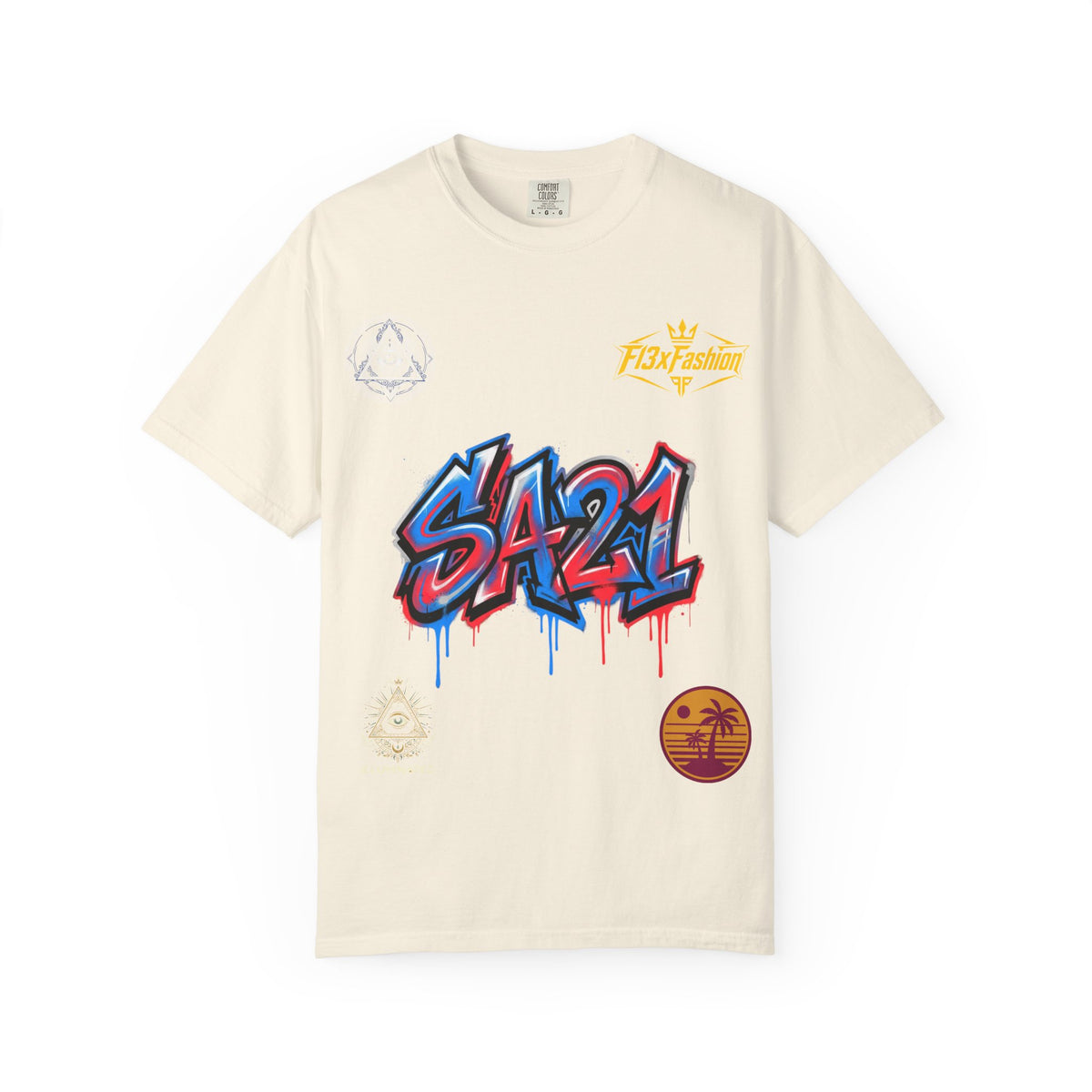 SA21 Graffiti T-Shirt — Urban Streetwear Tee with Drip Art & Tropical Patch