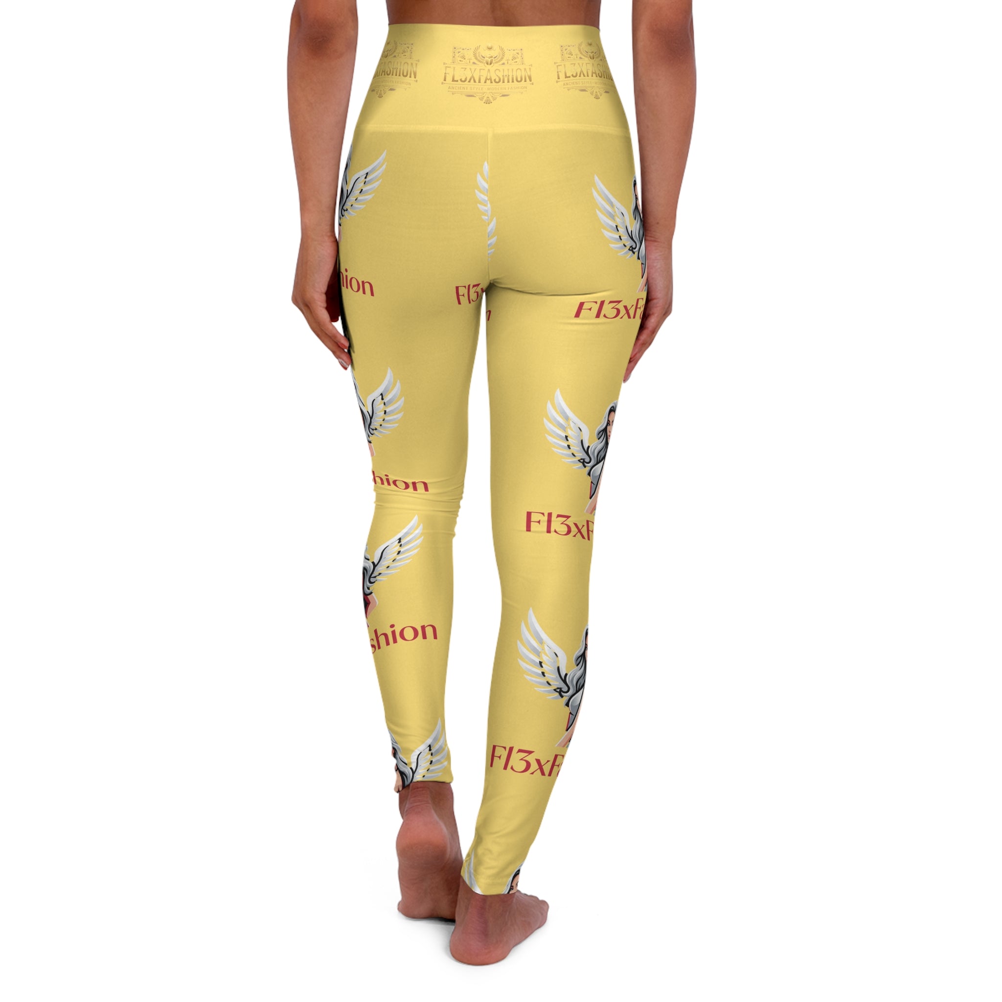 High-Waist Yoga Leggings — Yellow Angel Wing Floral AOP with 'F13xion' Text
