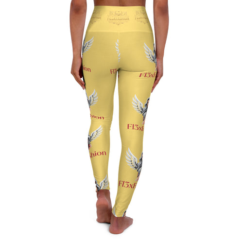 High-Waist Yoga Leggings — Yellow Angel Wing Floral AOP with 'F13xion' Text