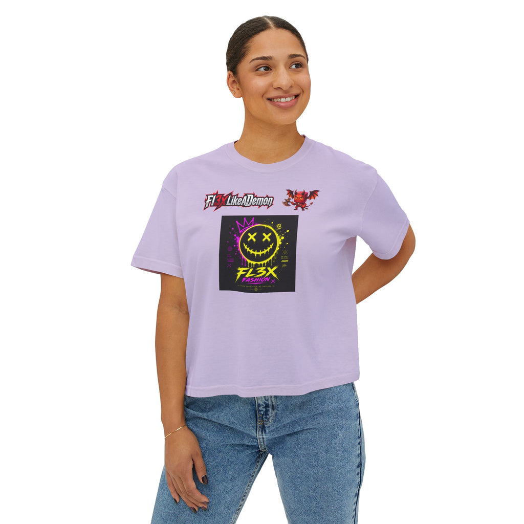 Women's Boxy Tee - Neon Smiley "FL3X" Graphic Streetwear