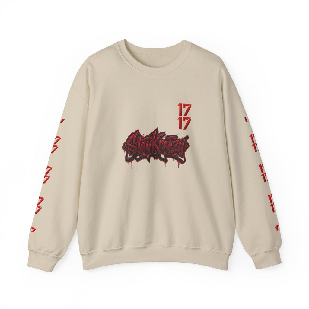 Streetwear Crewneck Sweatshirt — Graffiti 'Stay Krazy' Design with 17/17 Sleeve Accents