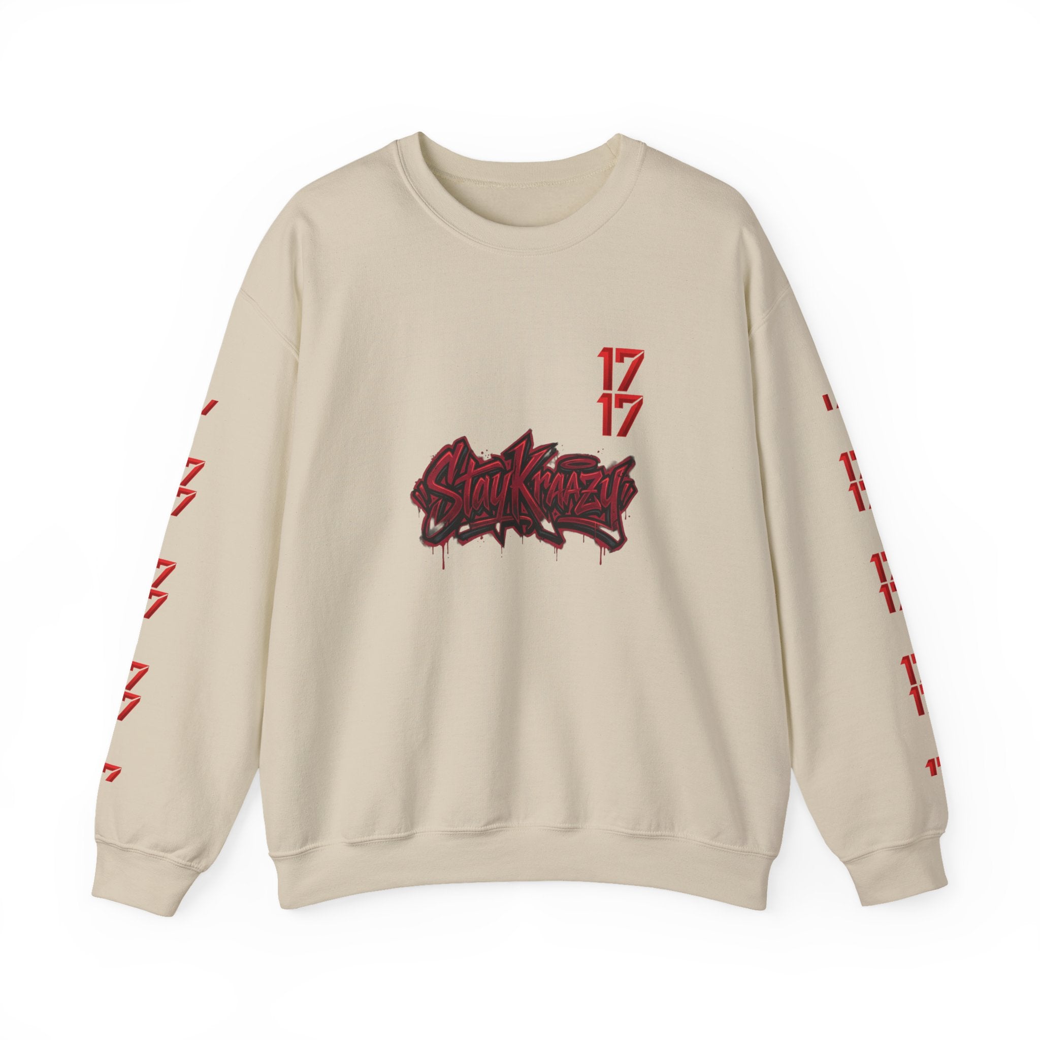 Streetwear Crewneck Sweatshirt — Graffiti 'Stay Krazy' Design with 17/17 Sleeve Accents