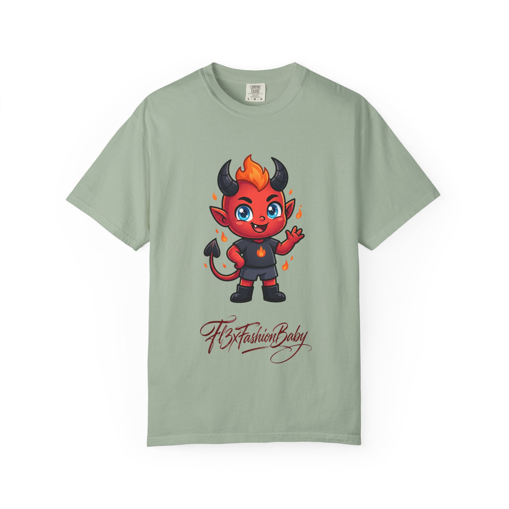 Devil Baby Graphic T-Shirt — Cute Red Demon Cartoon Tee with "FBfashionBaby" Script