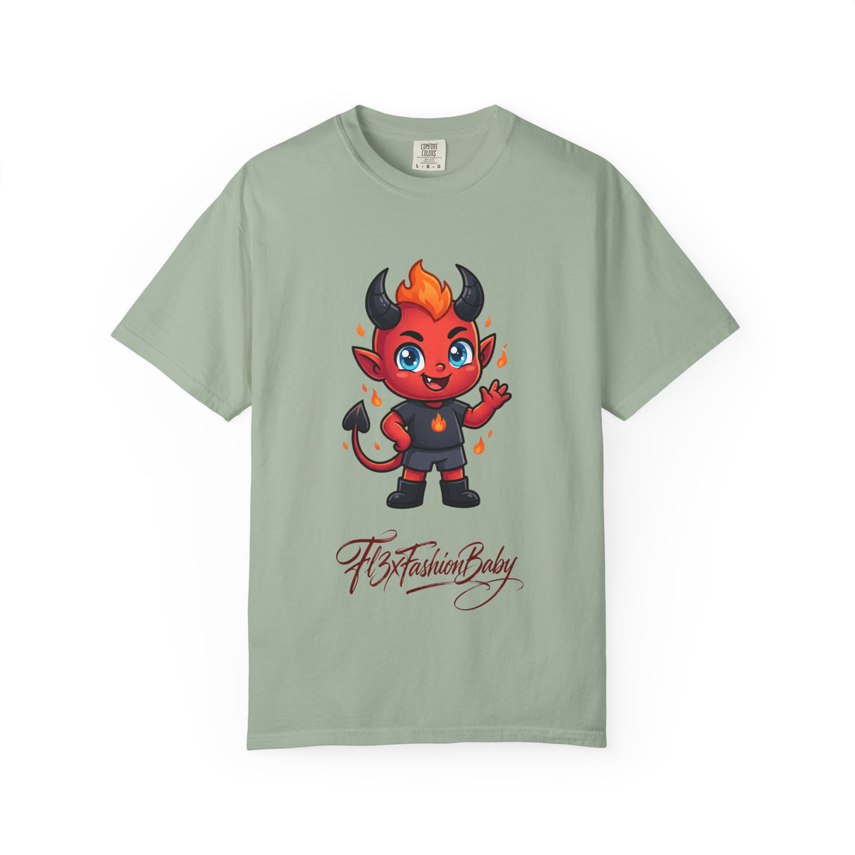 Devil Baby Graphic T-Shirt — Cute Red Demon Cartoon Tee with "FBfashionBaby" Script