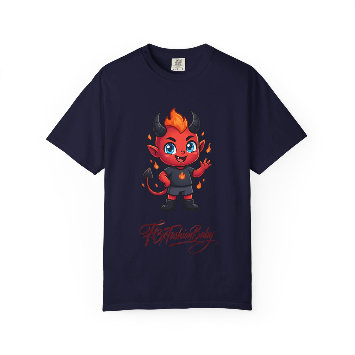 Devil Baby Graphic T-Shirt — Cute Red Demon Cartoon Tee with "FBfashionBaby" Script