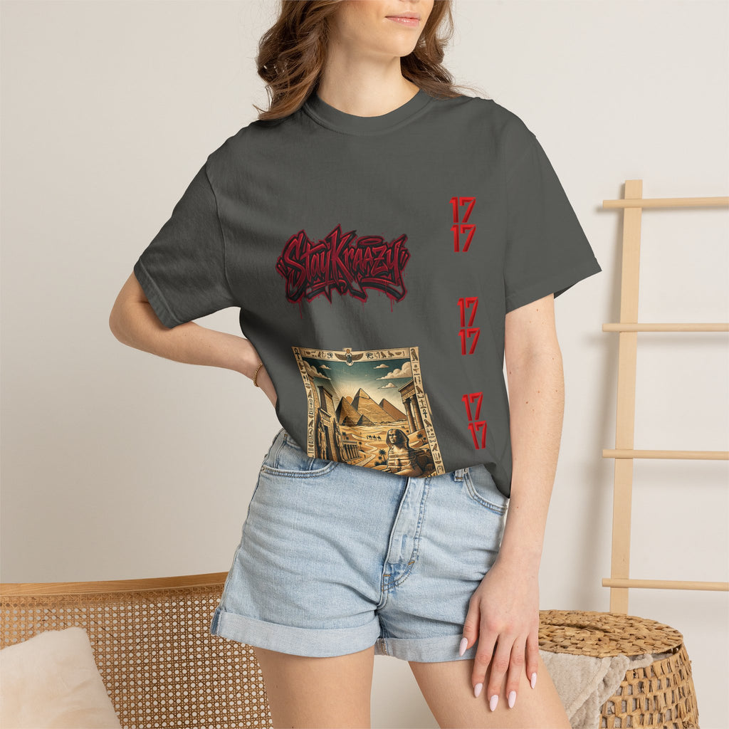 Graphic T-Shirt — Vintage Pyramid Collage with 'Wanted' Drip Design