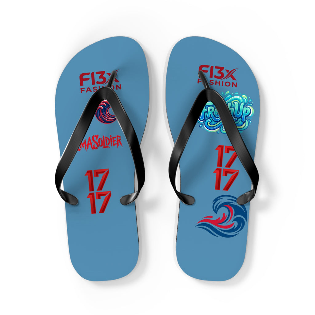 Blue Graphic Flip Flops – Surf Wave Design with '17 17' and Bold Logos