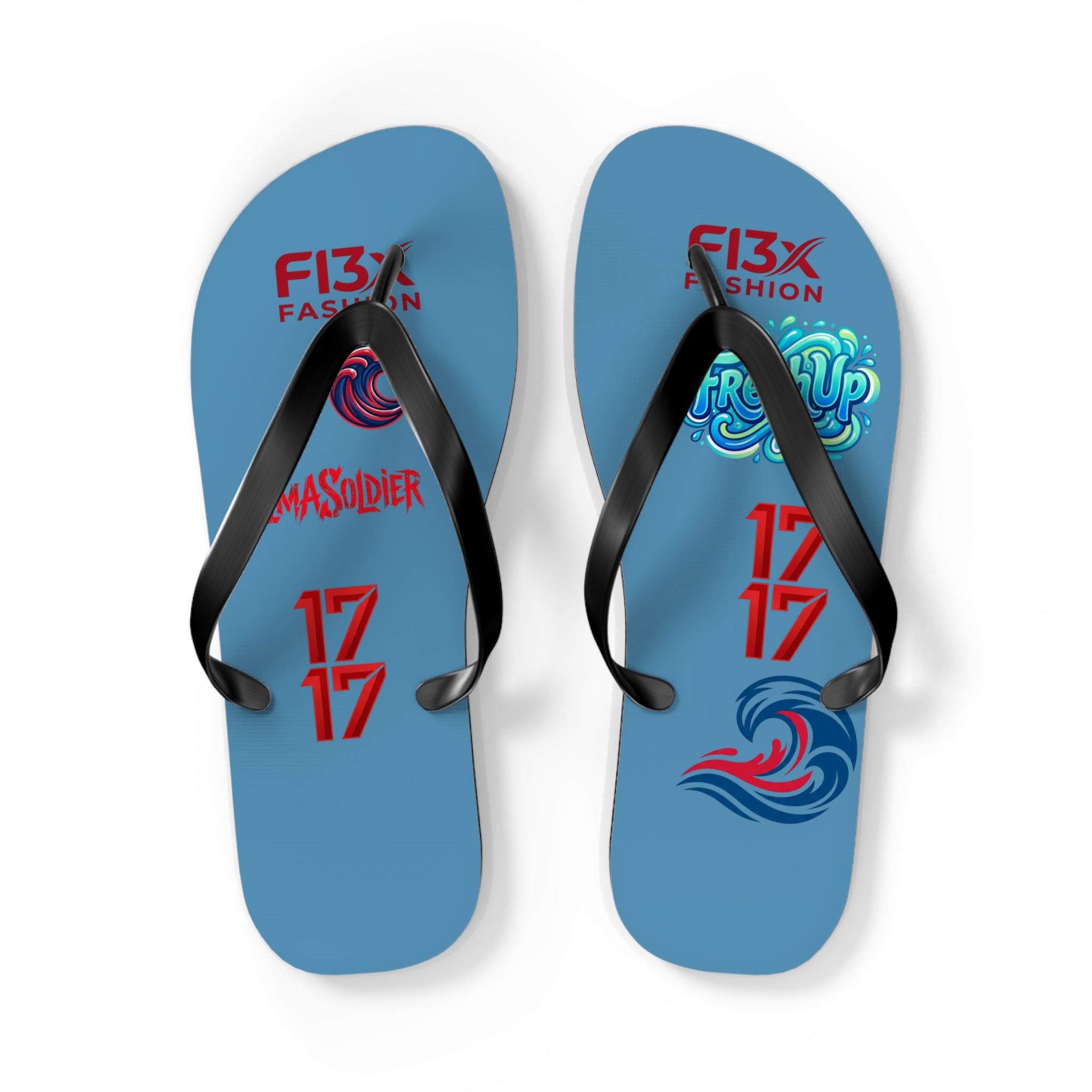 Blue Graphic Flip Flops – Surf Wave Design with '17 17' and Bold Logos