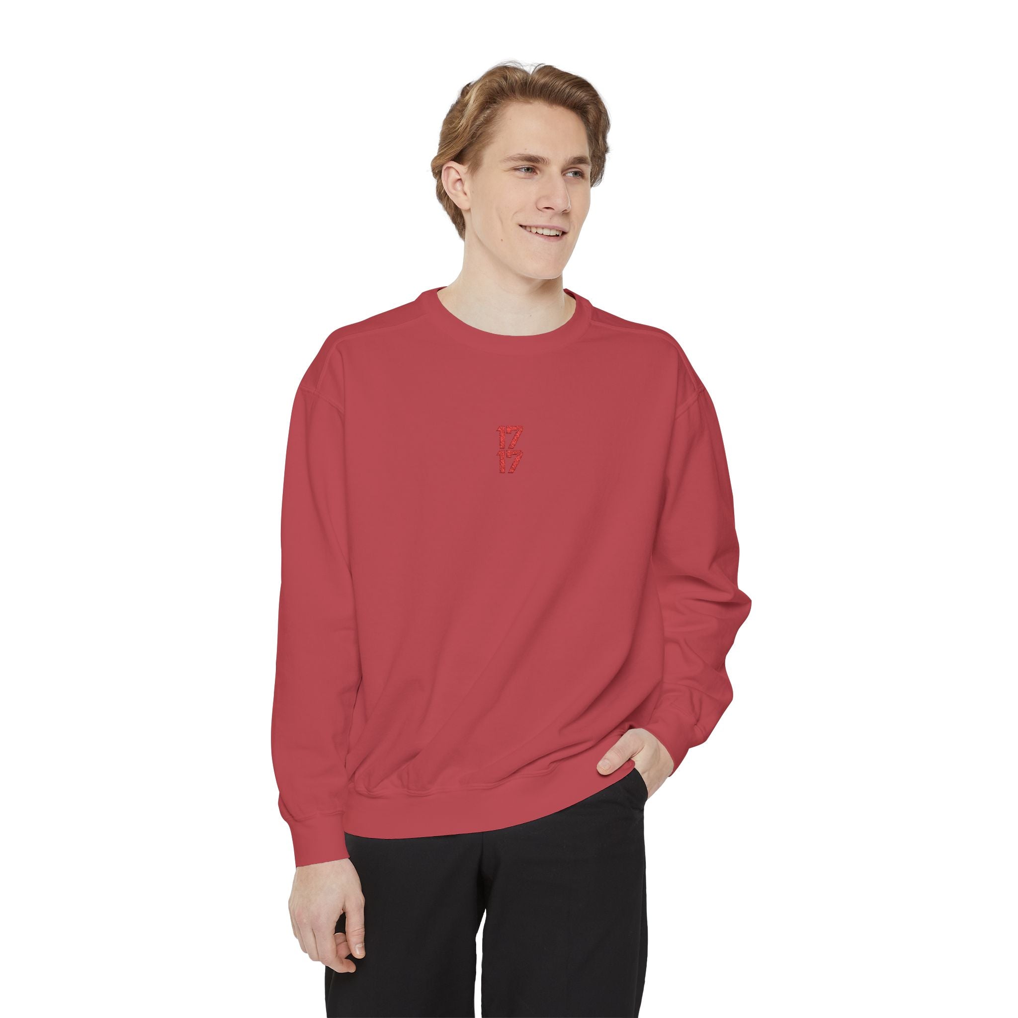 Sweatshirt — Minimal Red "17/17" Chest Logo Garment-Dyed Crew