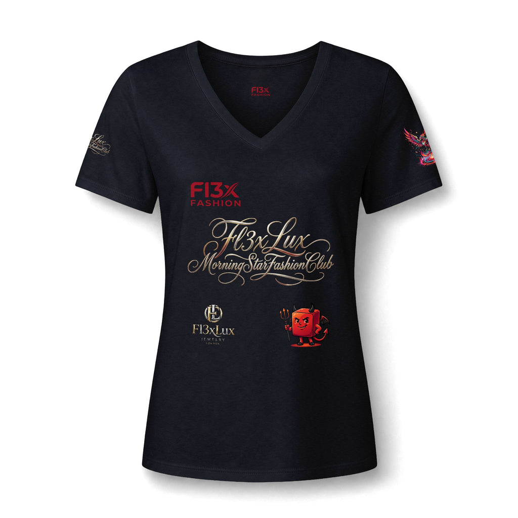 Women's V-Neck Tee — 'F13x Fashion' Floral Logo & Devil Graphic