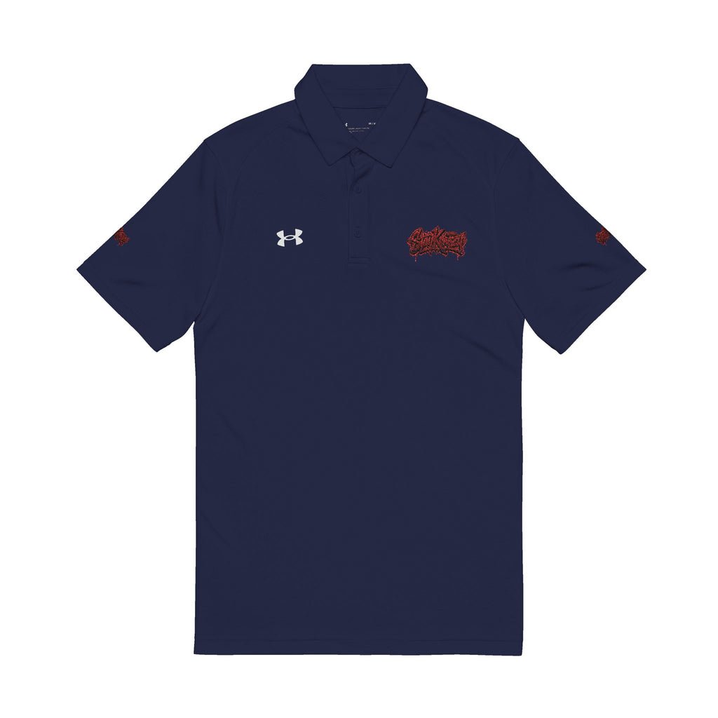 Embroidered Men’s Performance Polo — White with Red Script Logo