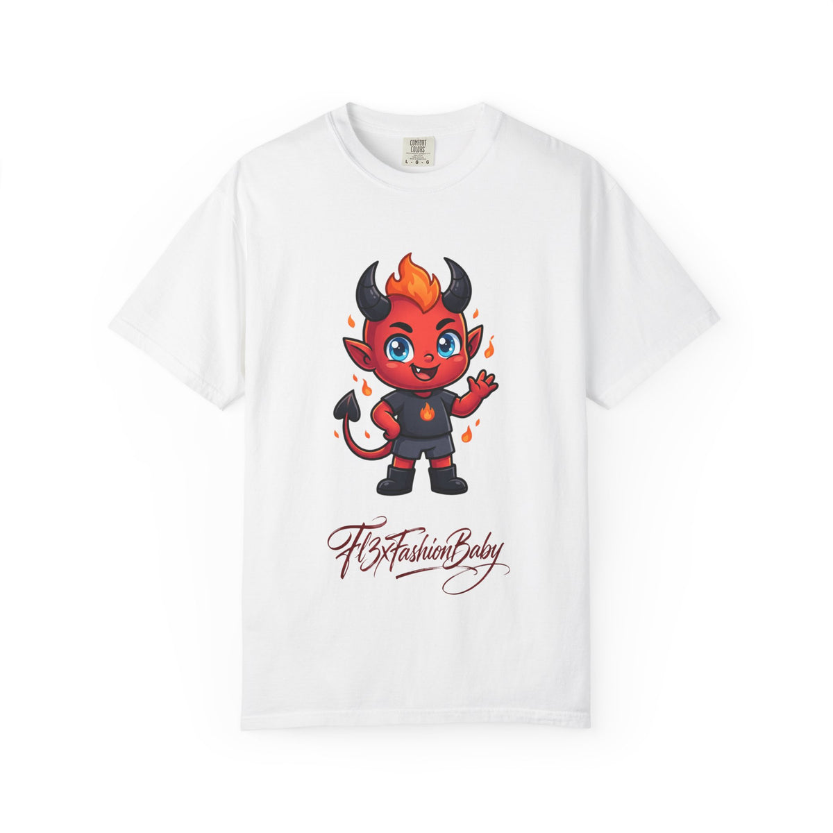Devil Baby Graphic T-Shirt — Cute Red Demon Cartoon Tee with "FBfashionBaby" Script