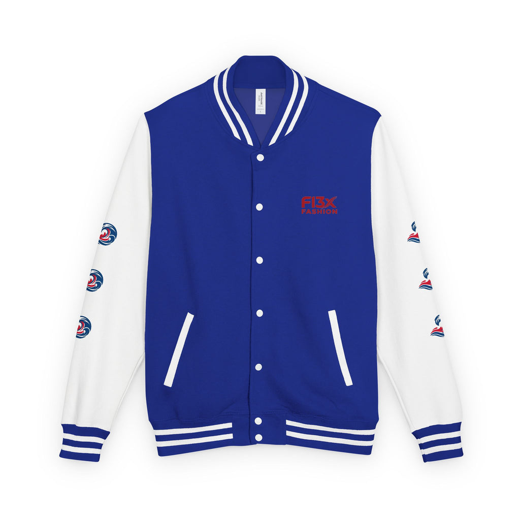Letterman Jacket — Red Wave Graphic Varsity Jacket with 'F13X Fashion' Logo