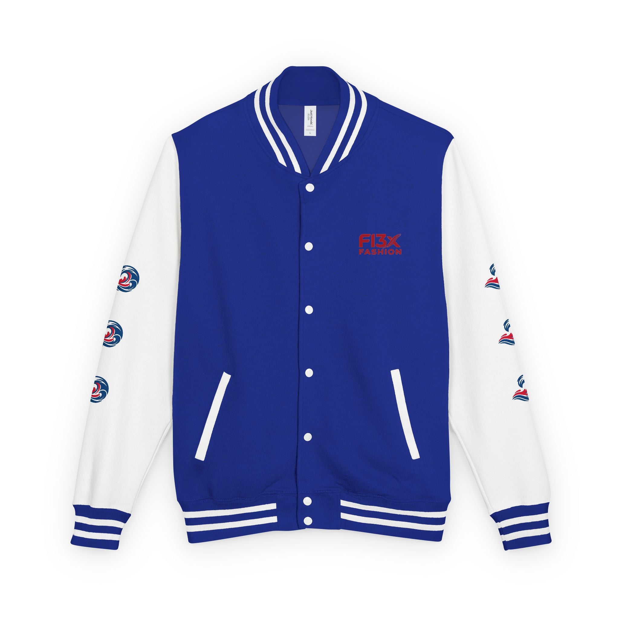 Letterman Jacket — Red Wave Graphic Varsity Jacket with 'F13X Fashion' Logo