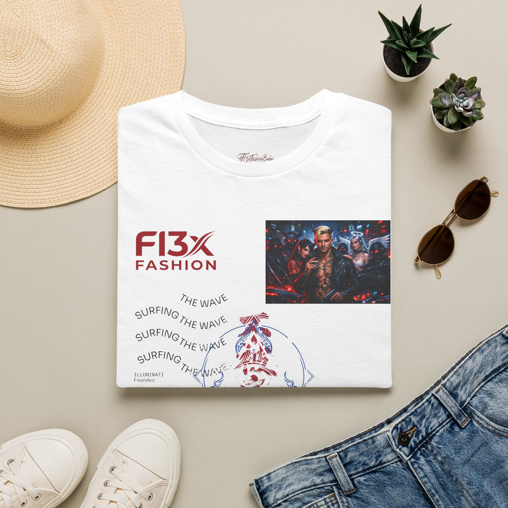 Graphic T-Shirt — F13X Fashion Collage Tee (Surfing Wave & Retro Crew)