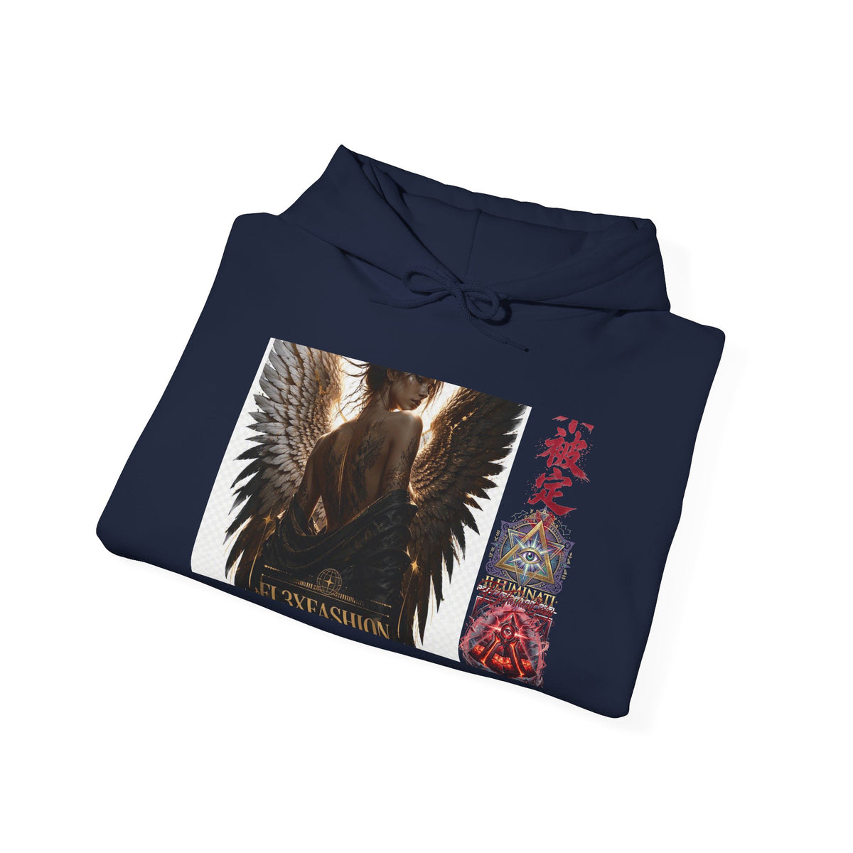 Angel Wings Graphic Hoodie — Dark Fantasy Japanese Script Design