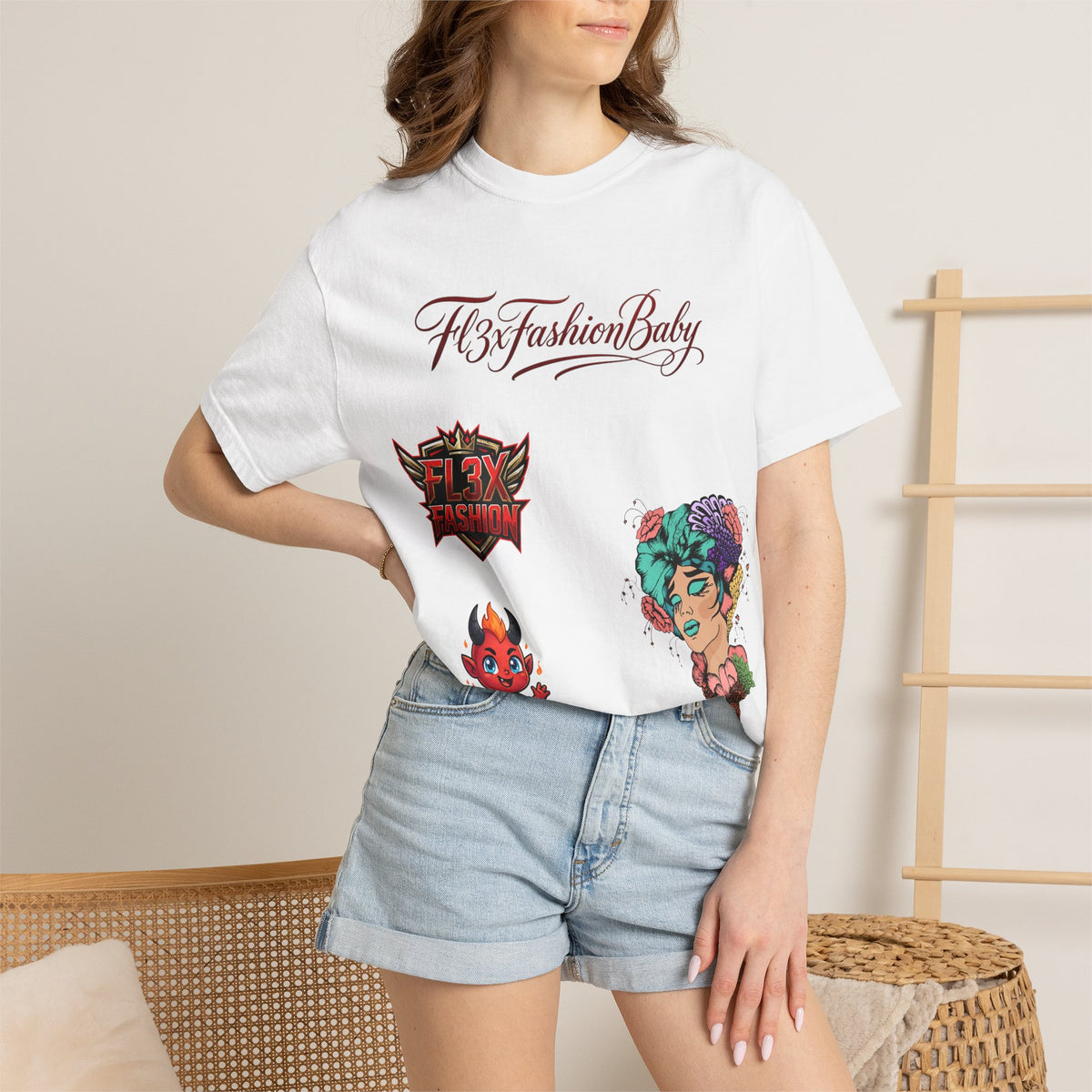 Artistic Floral Portrait T-Shirt — 'Fl3xFashionBaby' Graphic Tee