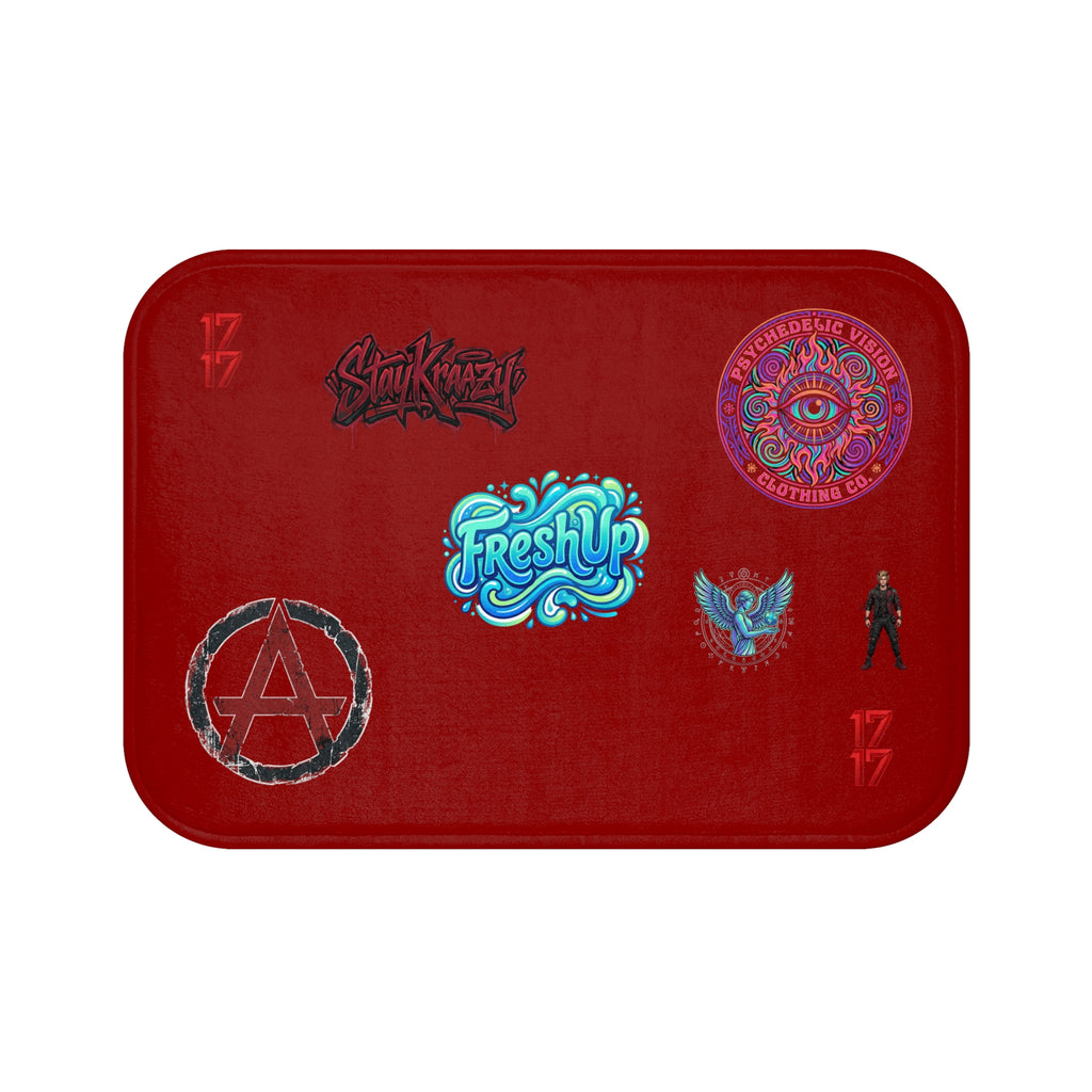 Red Graphic Sticker-Style Bath Mat — Anarchy, FreshUp & Psychedelic Emblems