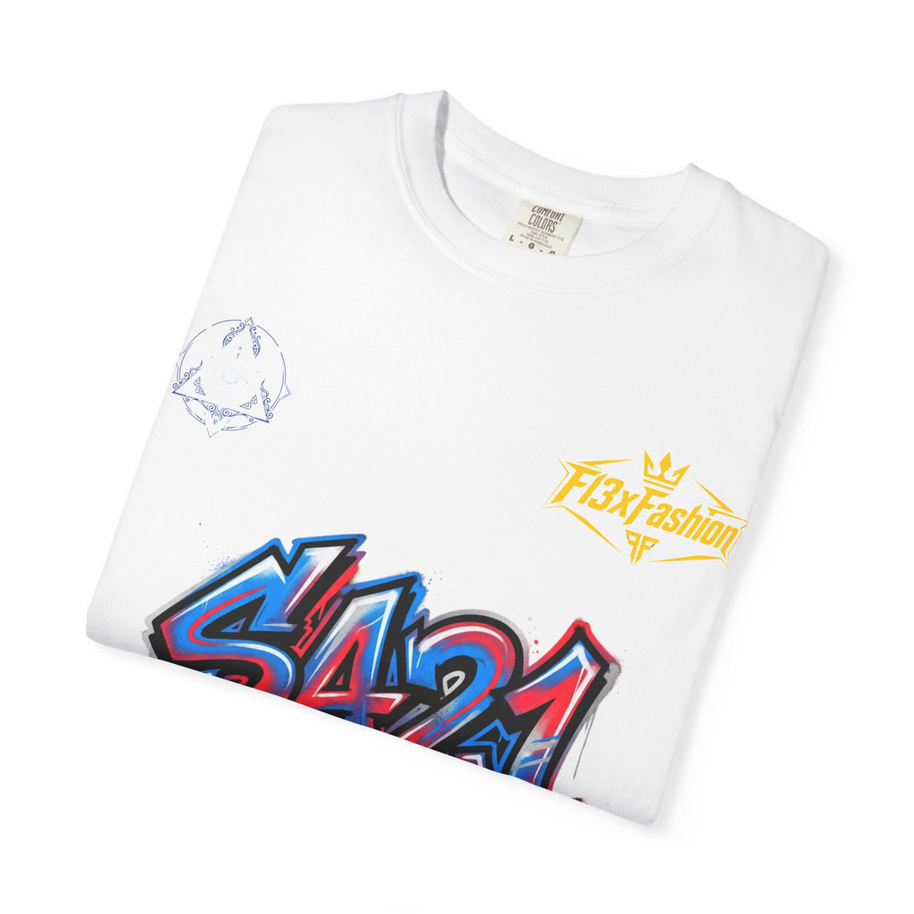 SA21 Graffiti T-Shirt — Urban Streetwear Tee with Drip Art & Tropical Patch