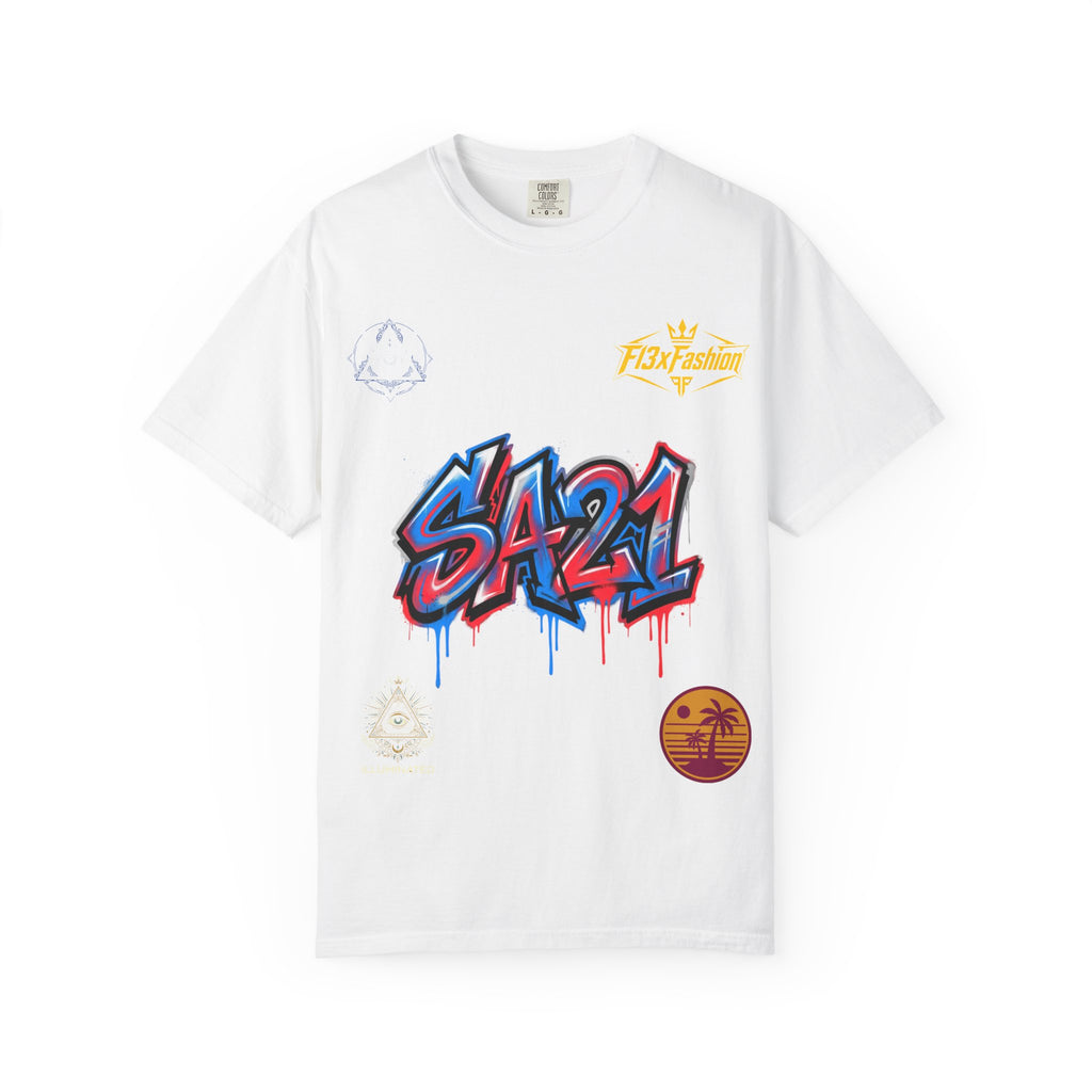SA21 Graffiti T-Shirt — Urban Streetwear Tee with Drip Art & Tropical Patch