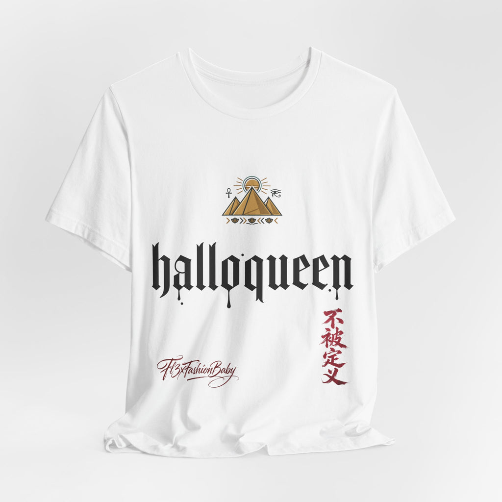 Halloqueen Graphic Tee — Gothic Script Halloween T‑Shirt with Pyramid & Asian Calligraphy