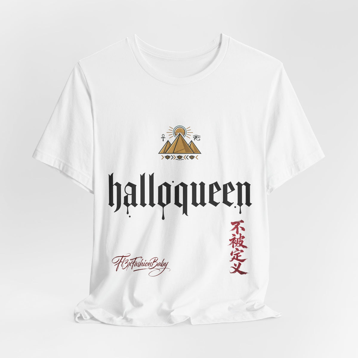 Halloqueen Graphic Tee — Gothic Script Halloween T‑Shirt with Pyramid & Asian Calligraphy