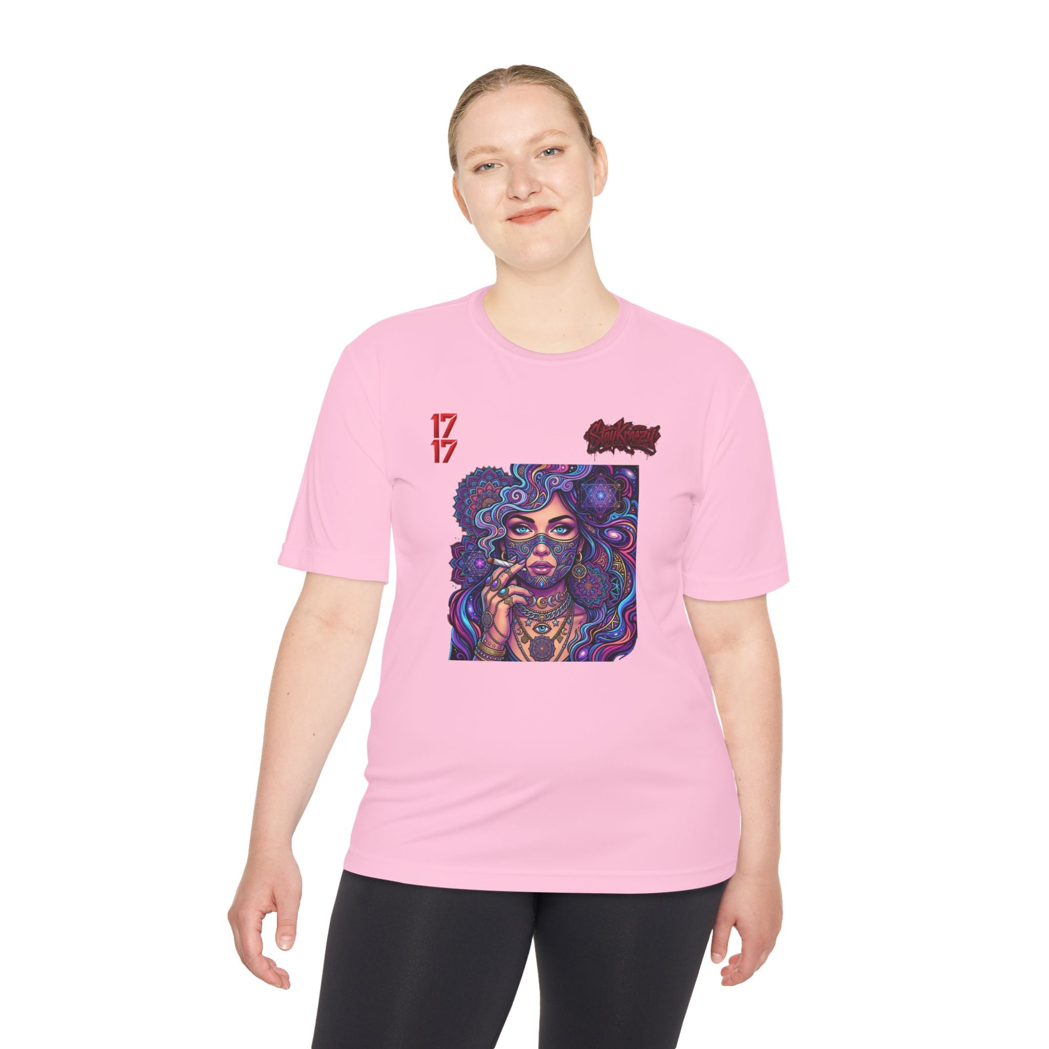 Psychedelic Woman Graphic Tee — Retro Cosmic Portrait Moisture‑Wicking Shirt