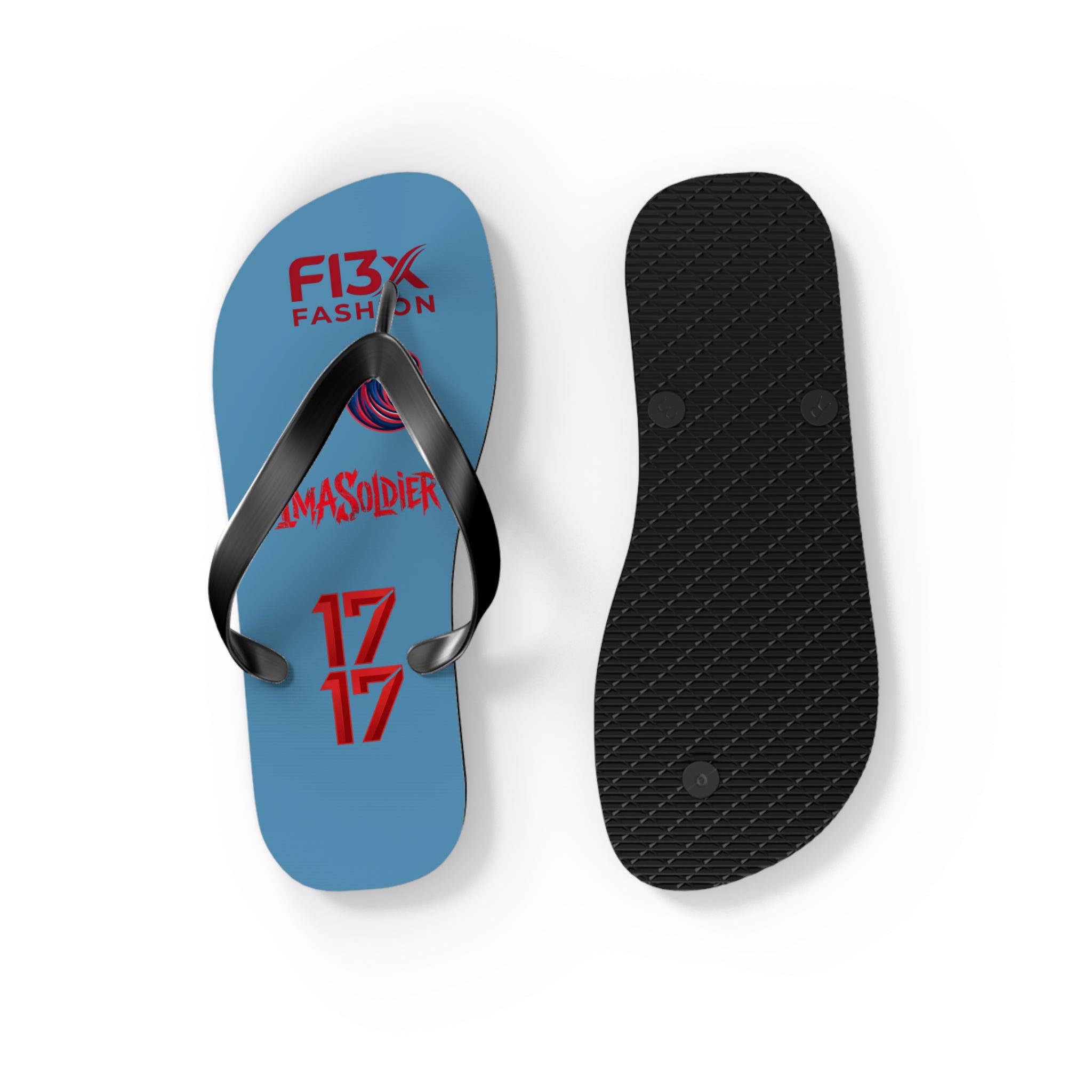 Blue Graphic Flip Flops – Surf Wave Design with '17 17' and Bold Logos